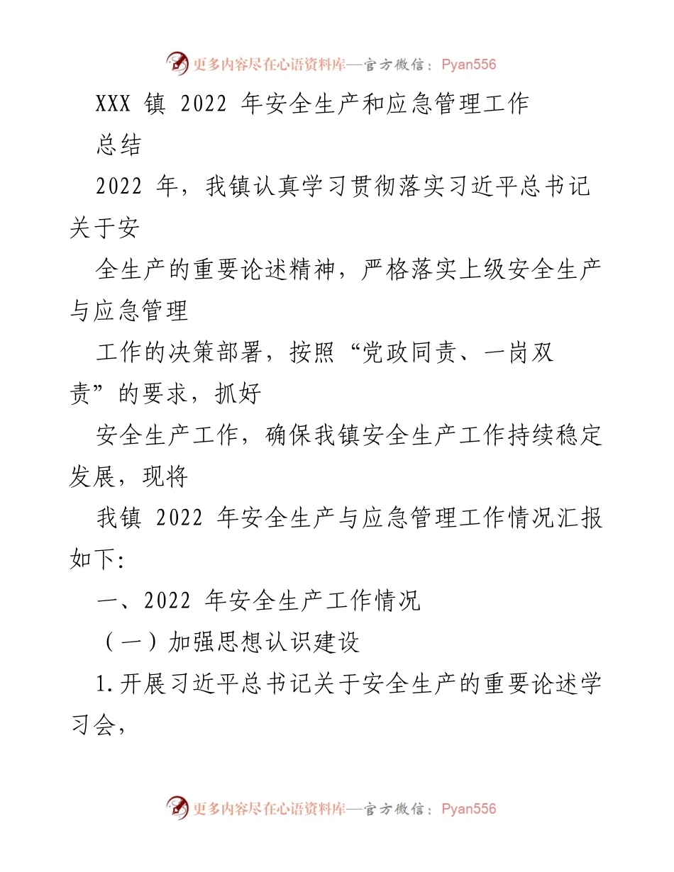 [工作总结] XXX 镇 - 2022 年安全生产与应急管理工作总结.docx_第1页