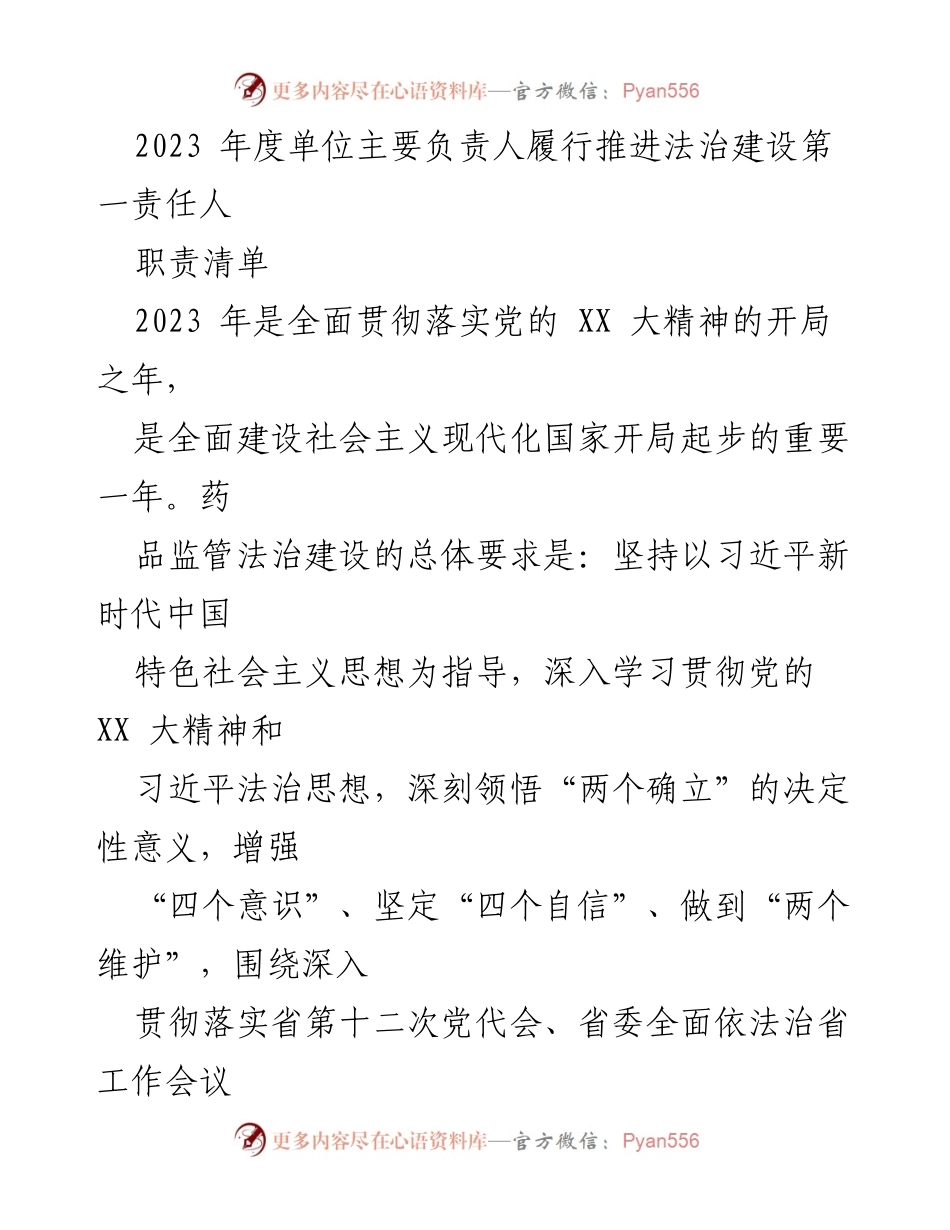 [工作总结] 2023年度法治建设 - 2023年度单位负责人法治建设责任落实总结.docx_第1页