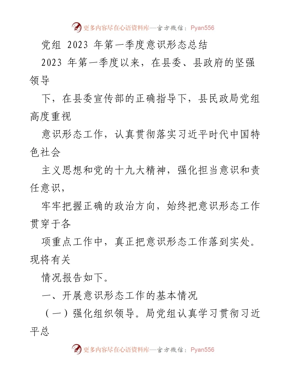 [工作总结] 2023年第一季度 - 县民政局党组意识形态工作总结报告.docx_第1页