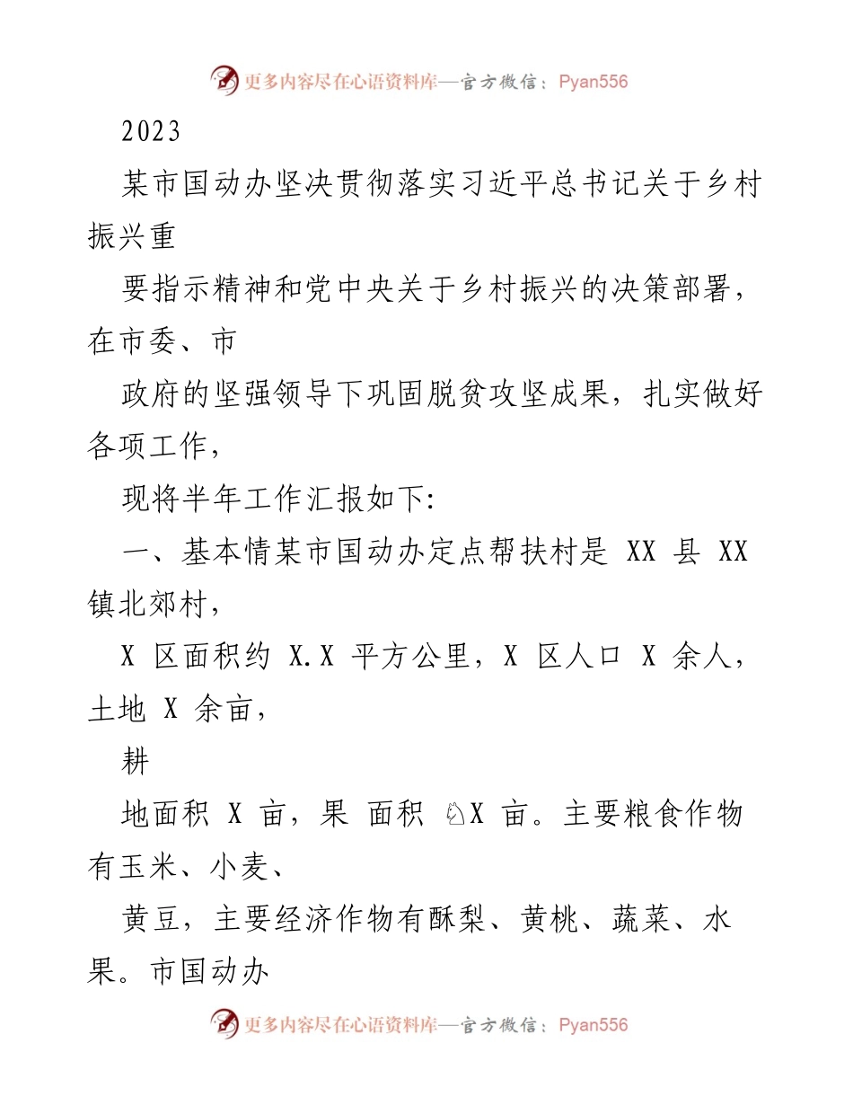 [工作总结] 乡村振兴工作汇报 - 某市国动办2023年上半年乡村振兴工作总结报告.docx_第1页