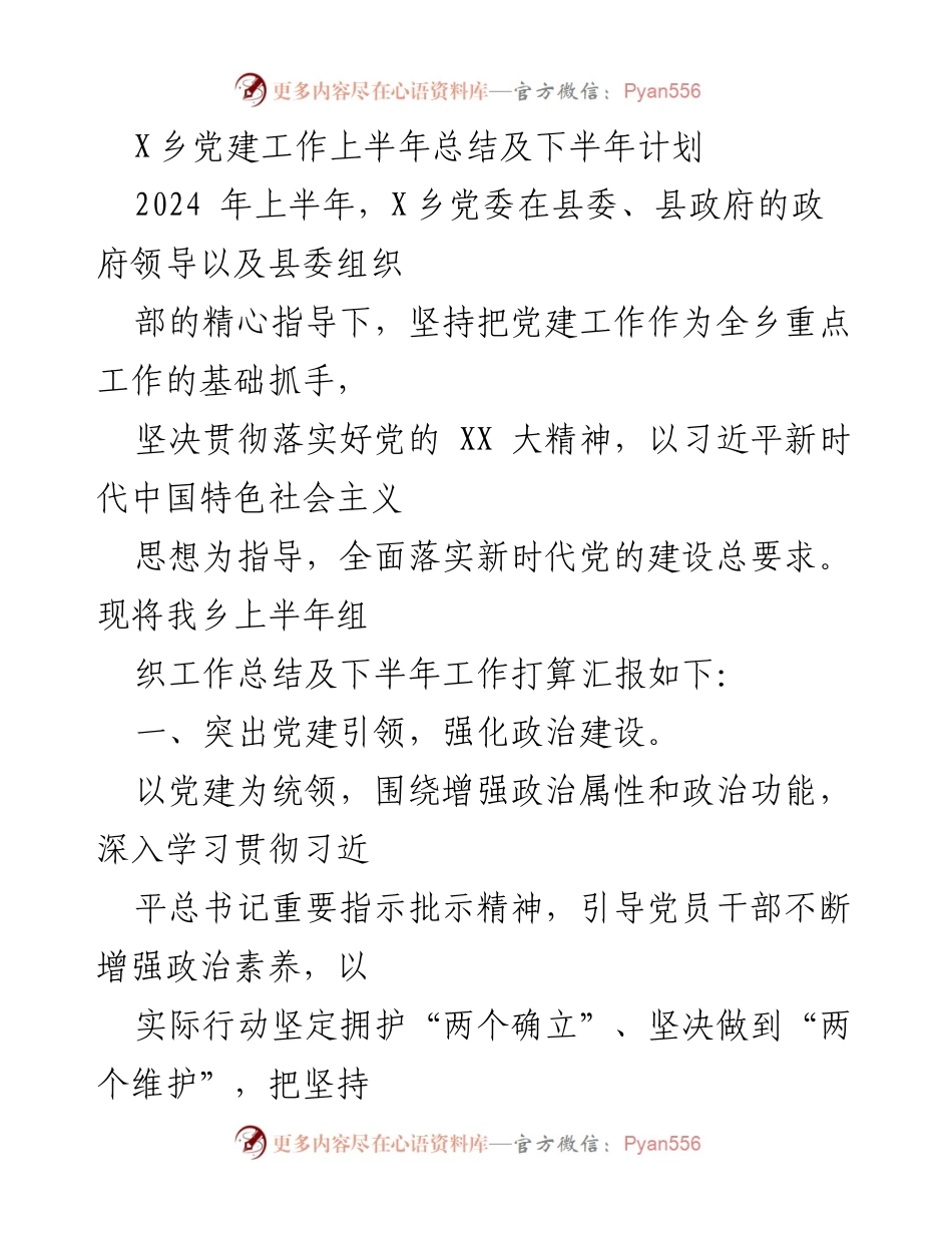 [工作总结] X乡党建工作 - X乡2024年上半年党建工作总结及下半年计划.docx_第1页