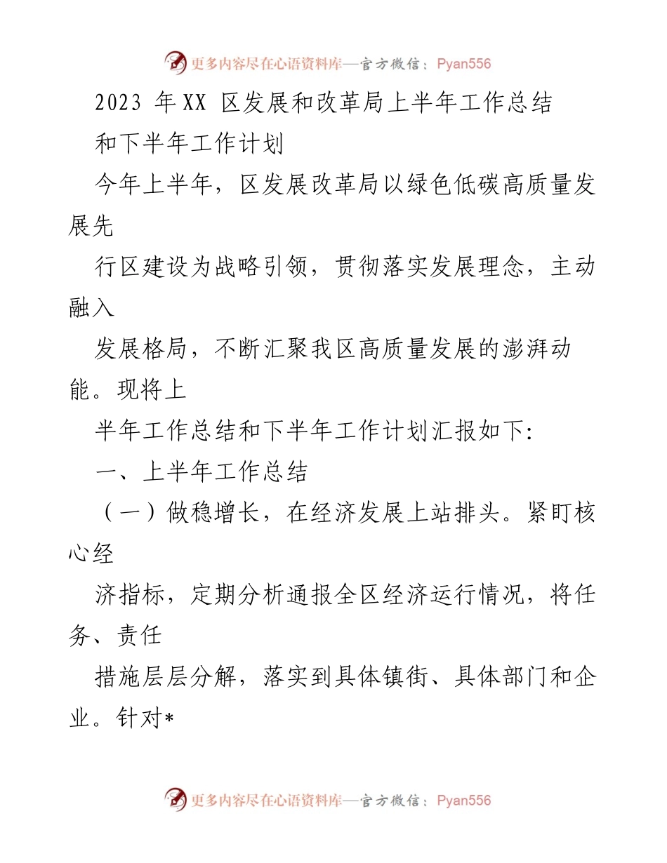 [工作总结] 上半年工作总结与下半年计划 - 2023年XX区发展改革局上半年工作总结及下半年工作计划.docx_第1页