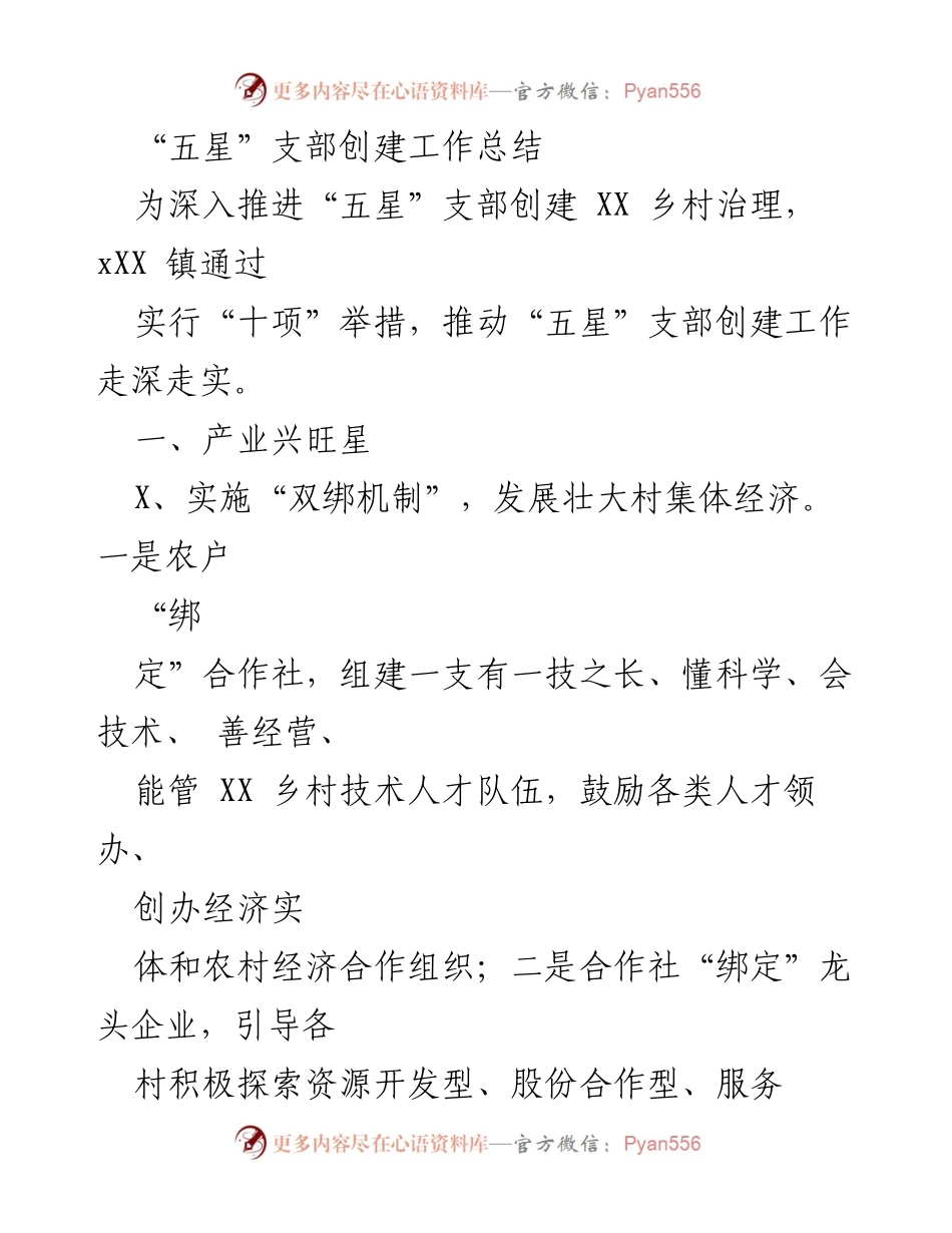 [工作总结] 乡村治理 - “五星”支部创建工作总结报告.docx_第1页