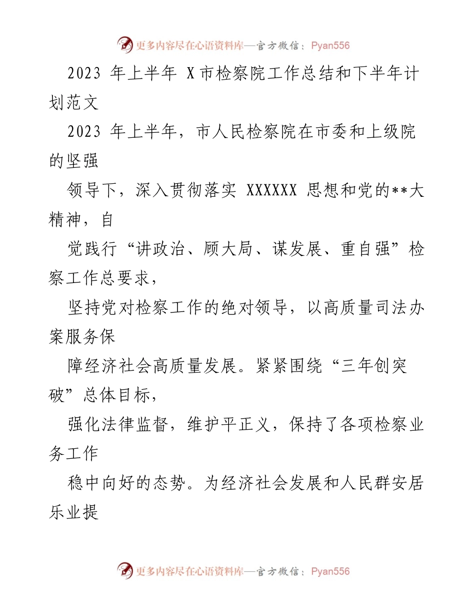[工作总结] 上半年检察院工作 - 2023年上半年X市检察院工作总结与下半年计划.docx_第1页