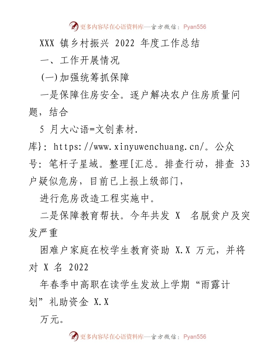[工作总结] XXX 镇乡村振兴 - 2022 年度乡村振兴工作总结报告.docx_第1页