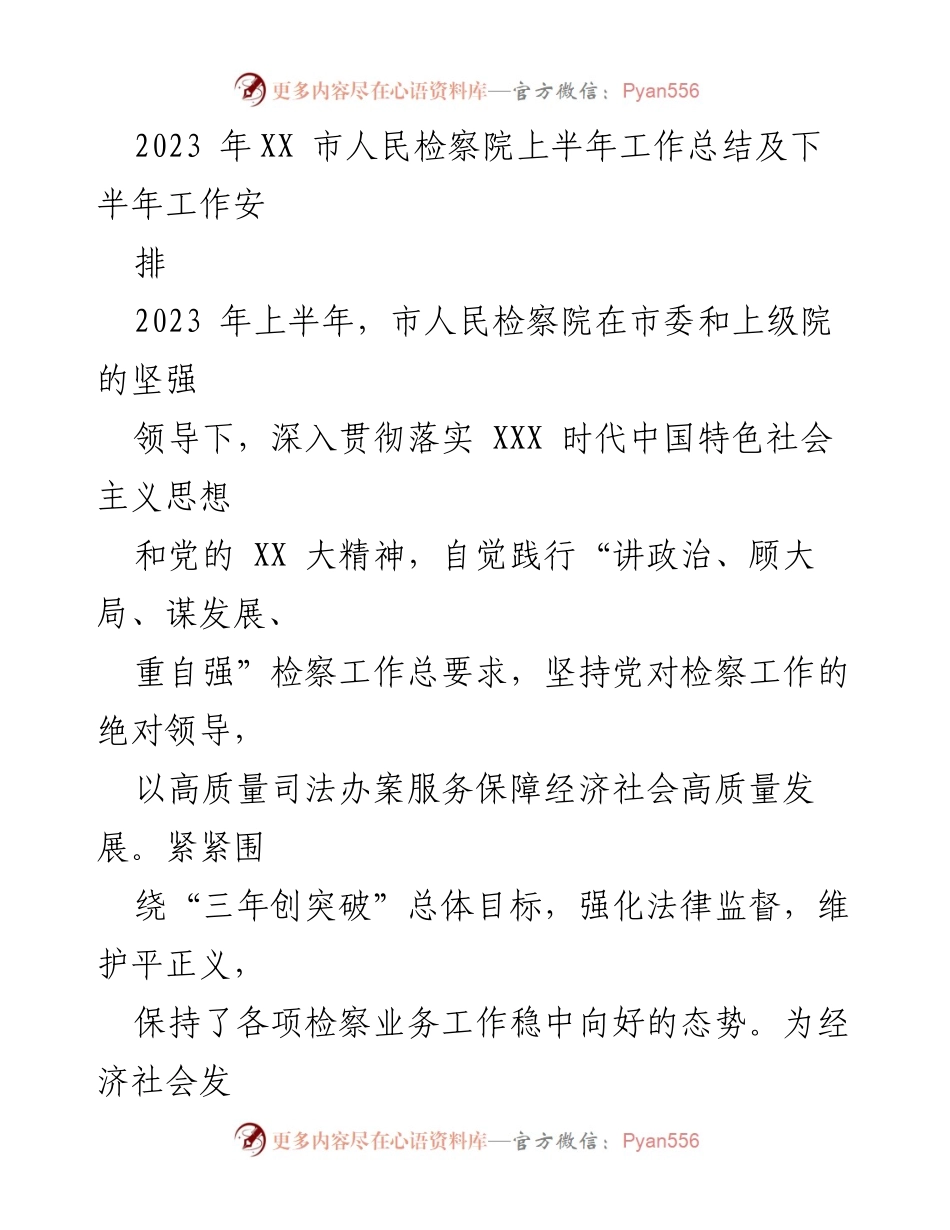 [工作总结] 上半年工作总结会 - 2023年XX市人民检察院上半年工作总结及下半年工作安排.docx_第1页