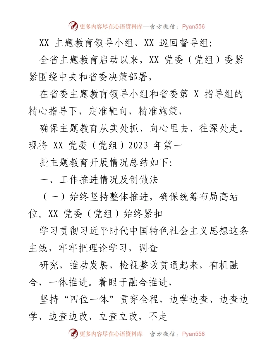 [工作总结] 主题教育 - XX 党委（党组）2023年主题教育开展情况总结.docx_第1页