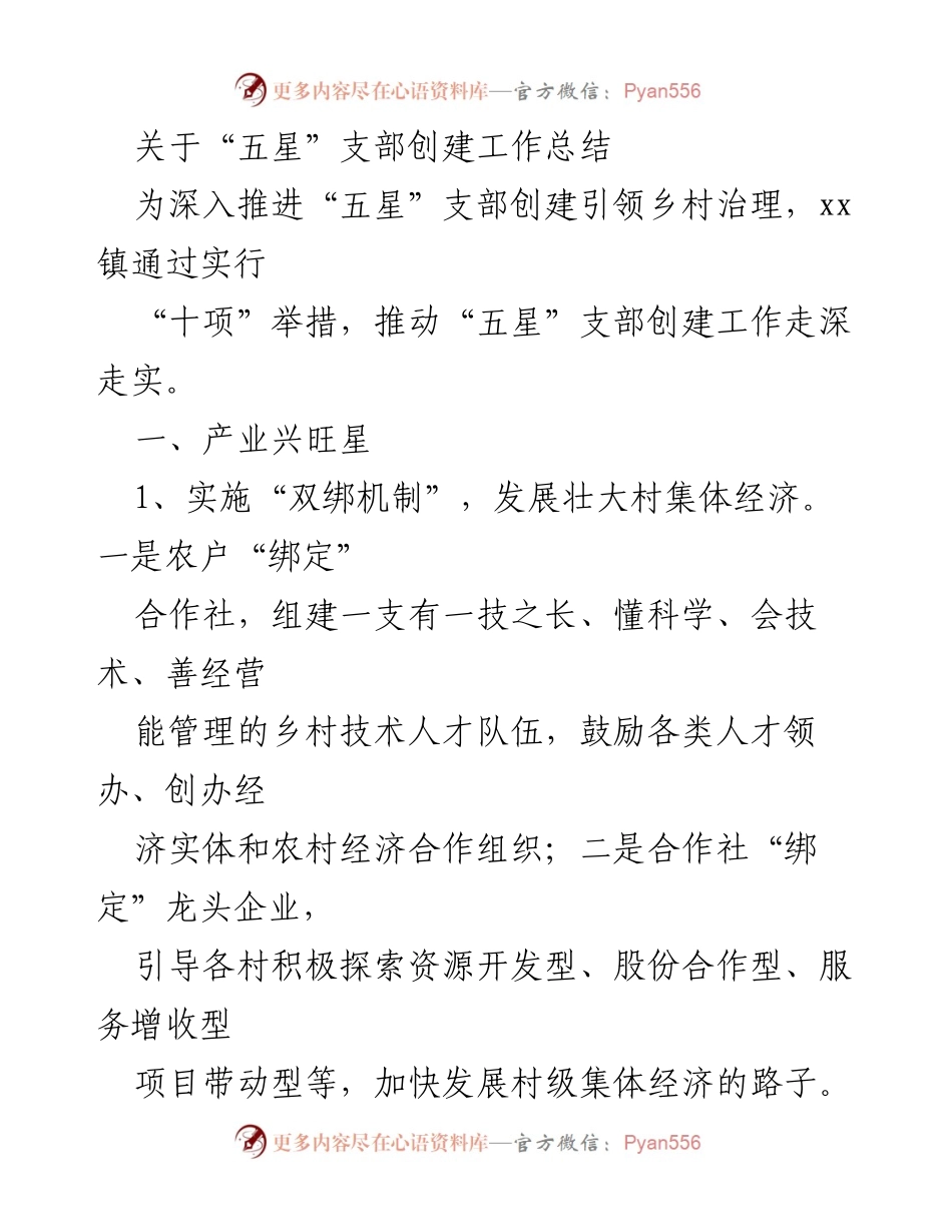[工作总结] 乡村治理 - “五星”支部创建工作总结.docx_第1页