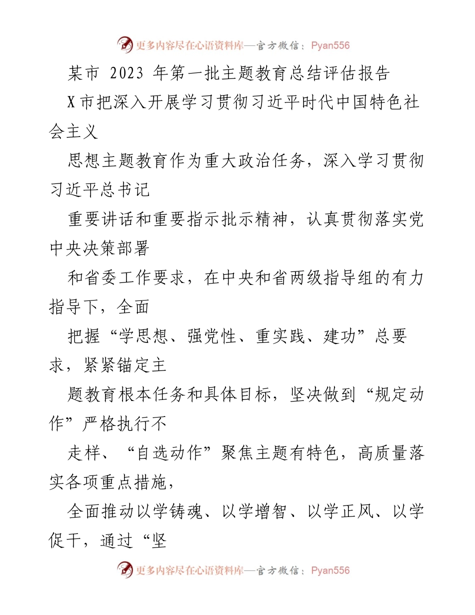 [工作总结] 主题教育 - 某市2023年第一批主题教育实施成效总结报告.docx_第1页