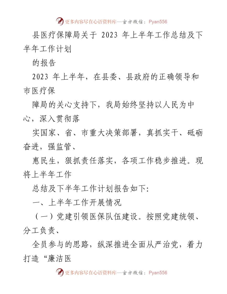 [工作总结] 上半年工作汇报 - 2023年上半年县医疗保障局工作总结及下半年计划.docx_第1页