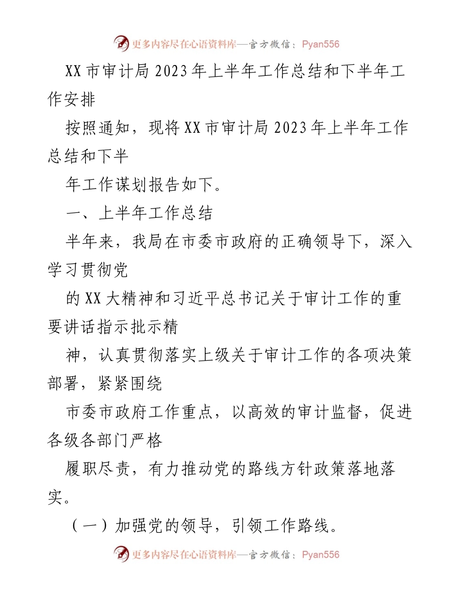 [工作总结] XX市审计局 - 2023年上半年工作总结与下半年工作安排.docx_第1页