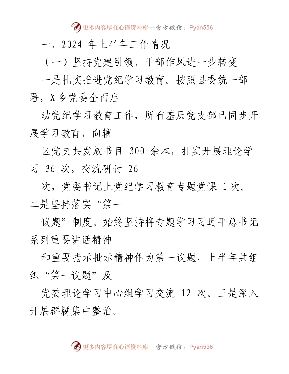 [工作总结] X乡2024年上半年 - X乡2024年上半年工作总结与下半年工作计划.docx_第2页
