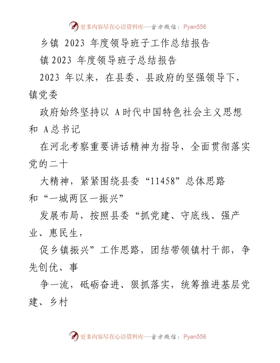 [工作总结] 乡镇 - 2023年度领导班子工作总结报告.docx_第1页