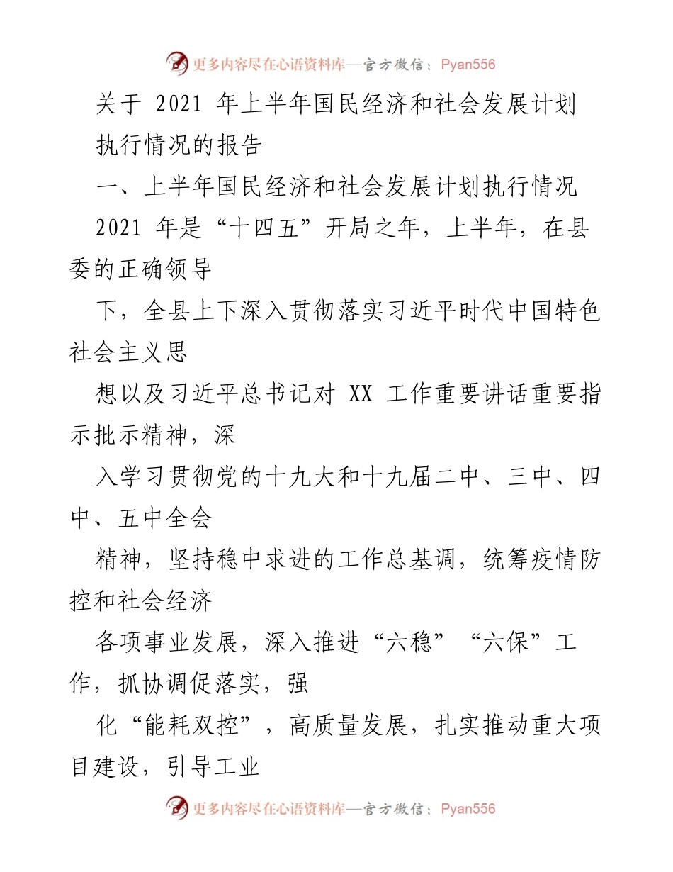 [工作总结] 上半年经济发展 - 2021年上半年国民经济和社会发展计划执行情况报告.docx_第1页