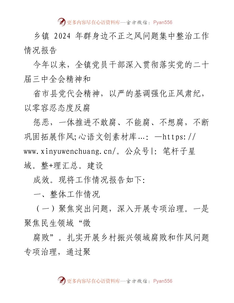 [工作总结] 乡镇 - 2024年乡镇不正之风集中整治工作情况报告.docx_第1页