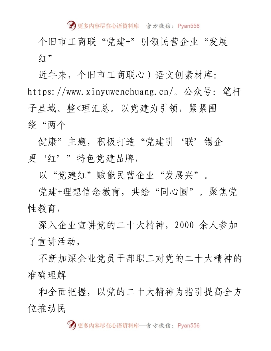 [工作总结] 个旧市工商联 - 党建引领民营企业高质量发展与乡村振兴行动.docx_第1页