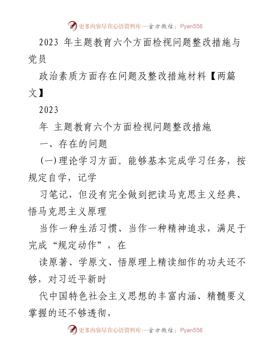 [工作总结] 主题教育 - 2023年主题教育六个方面问题整改措施总结_1.docx_第1页