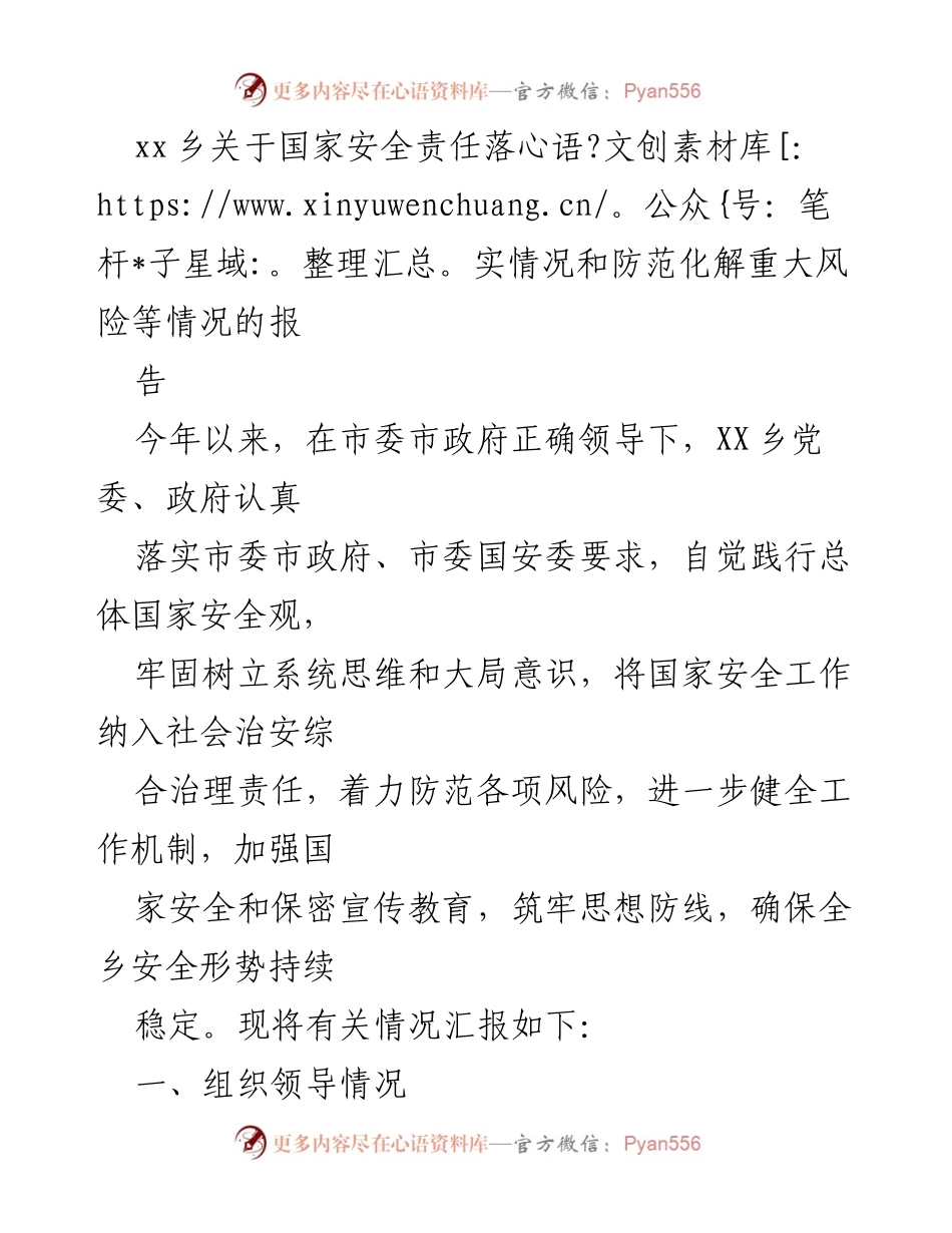 [工作总结] 乡镇国家安全工作 - XX乡国家安全责任落实及风险防范工作总结报告.docx_第1页