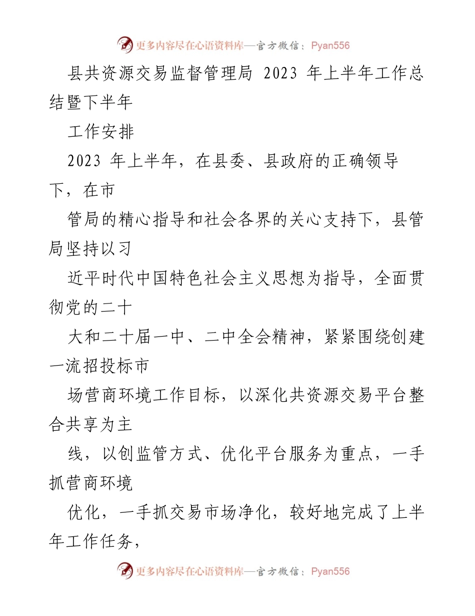 [工作总结] 上半年工作汇报 - 2023年上半年县共资源交易监督管理局工作总结与下半年工作安排.docx_第1页