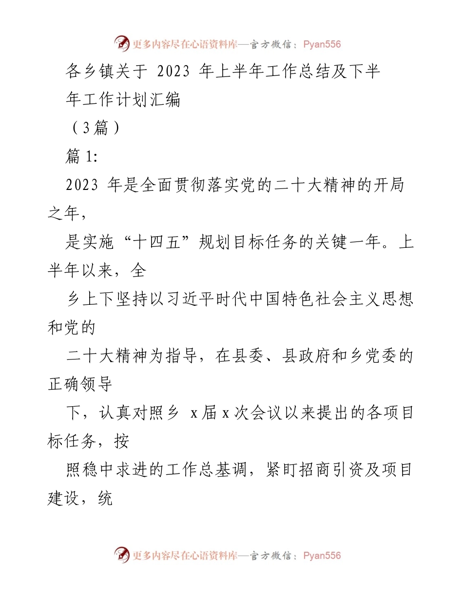 [工作总结] 乡镇工作会议 - 2023年上半年工作总结及下半年工作计划汇编.docx_第1页