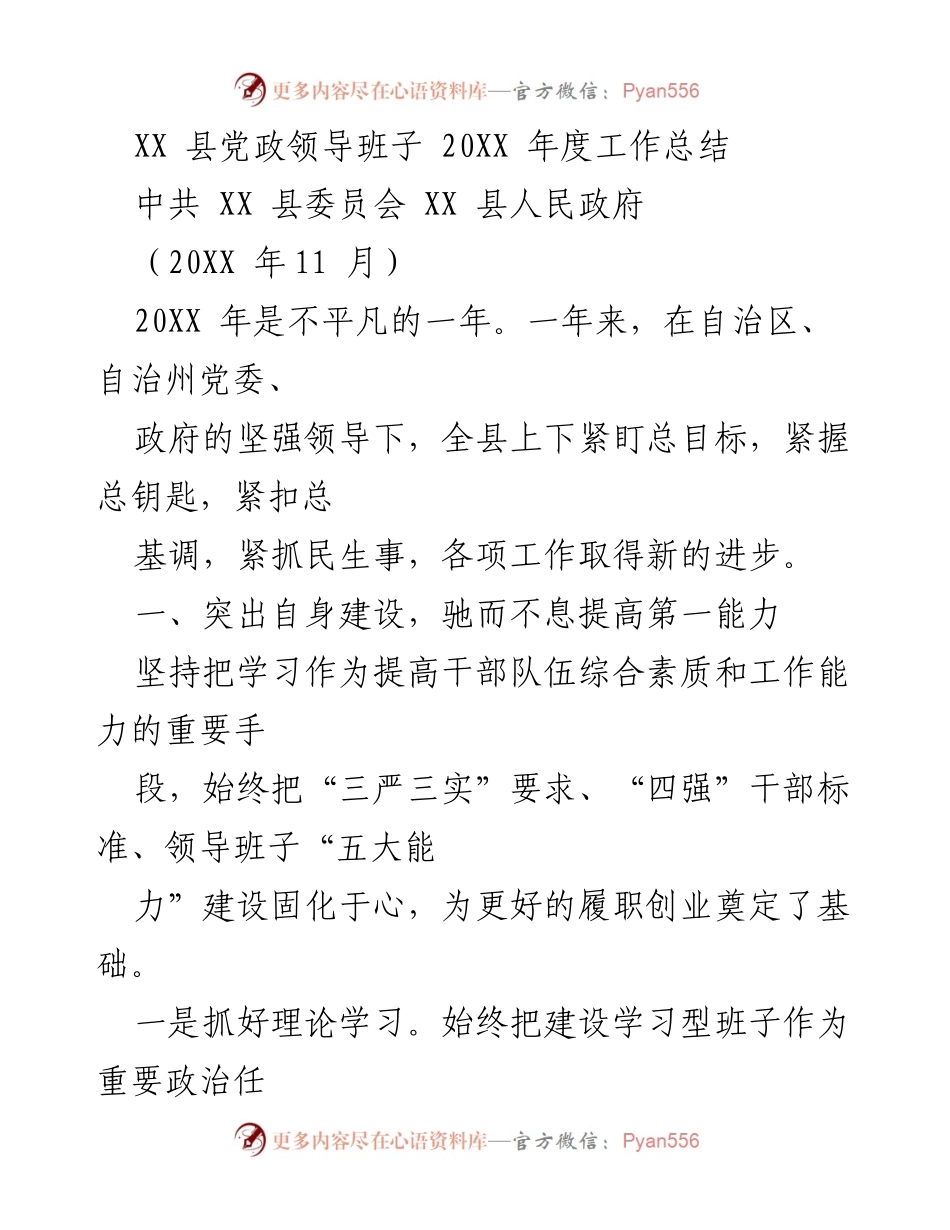 [工作总结] XX 县党政领导班子 - 20XX 年度工作成就与发展战略总结.docx_第1页