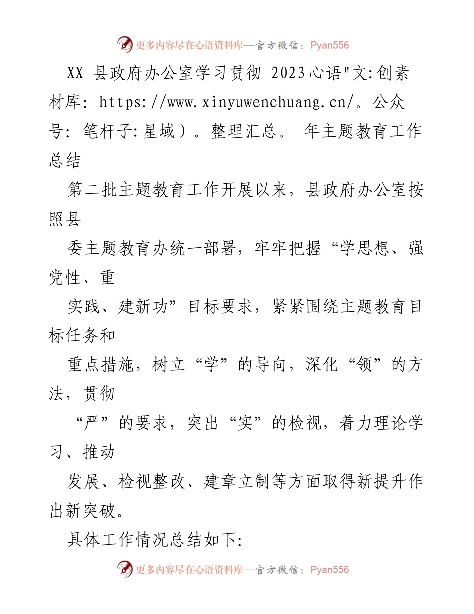 [工作总结] 主题教育 - XX县政府办公室2023年主题教育工作总结.docx_第1页