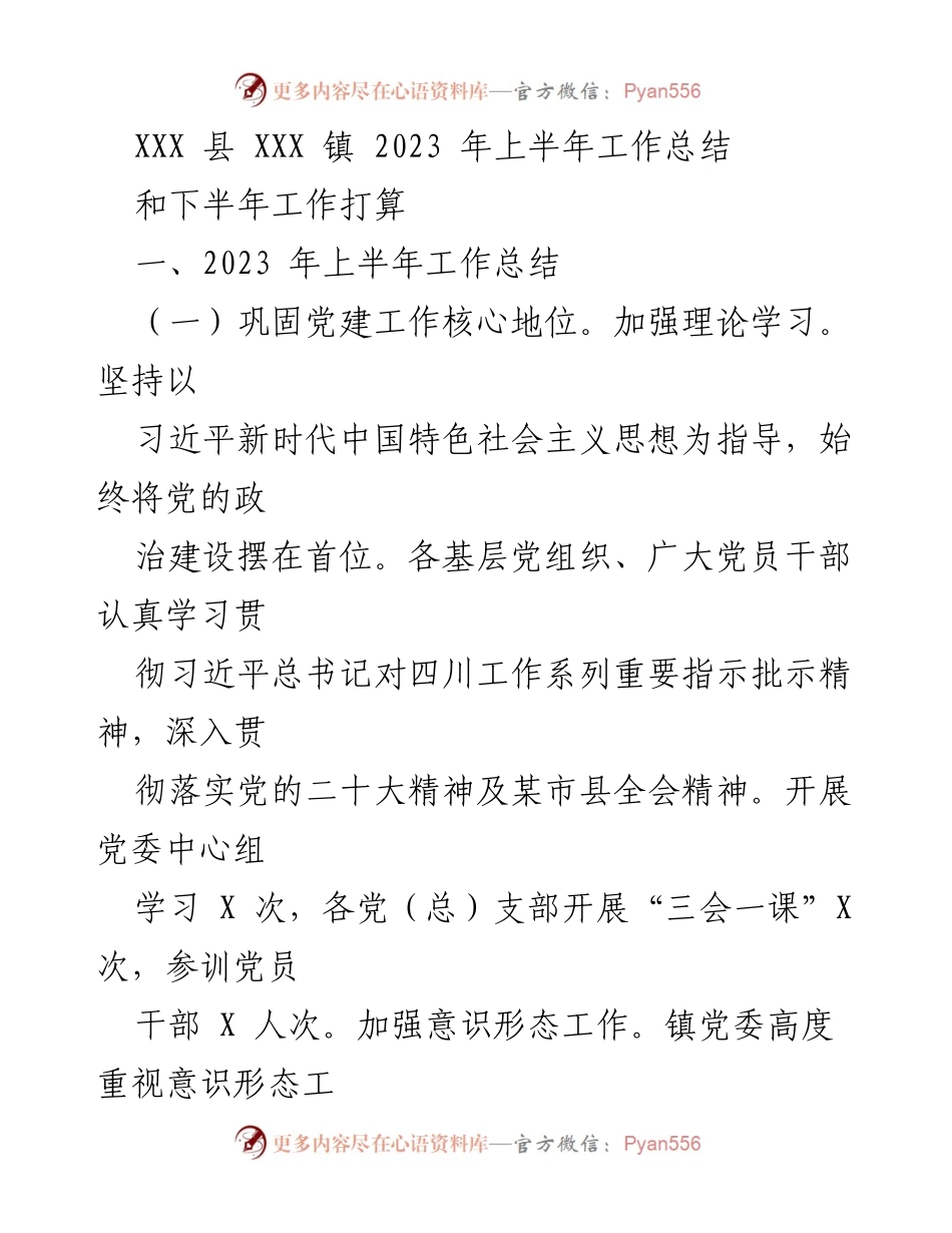 [工作总结] XXX 镇 2023 年上半年 - 党建引领下的工作总结与下半年打算.docx_第1页