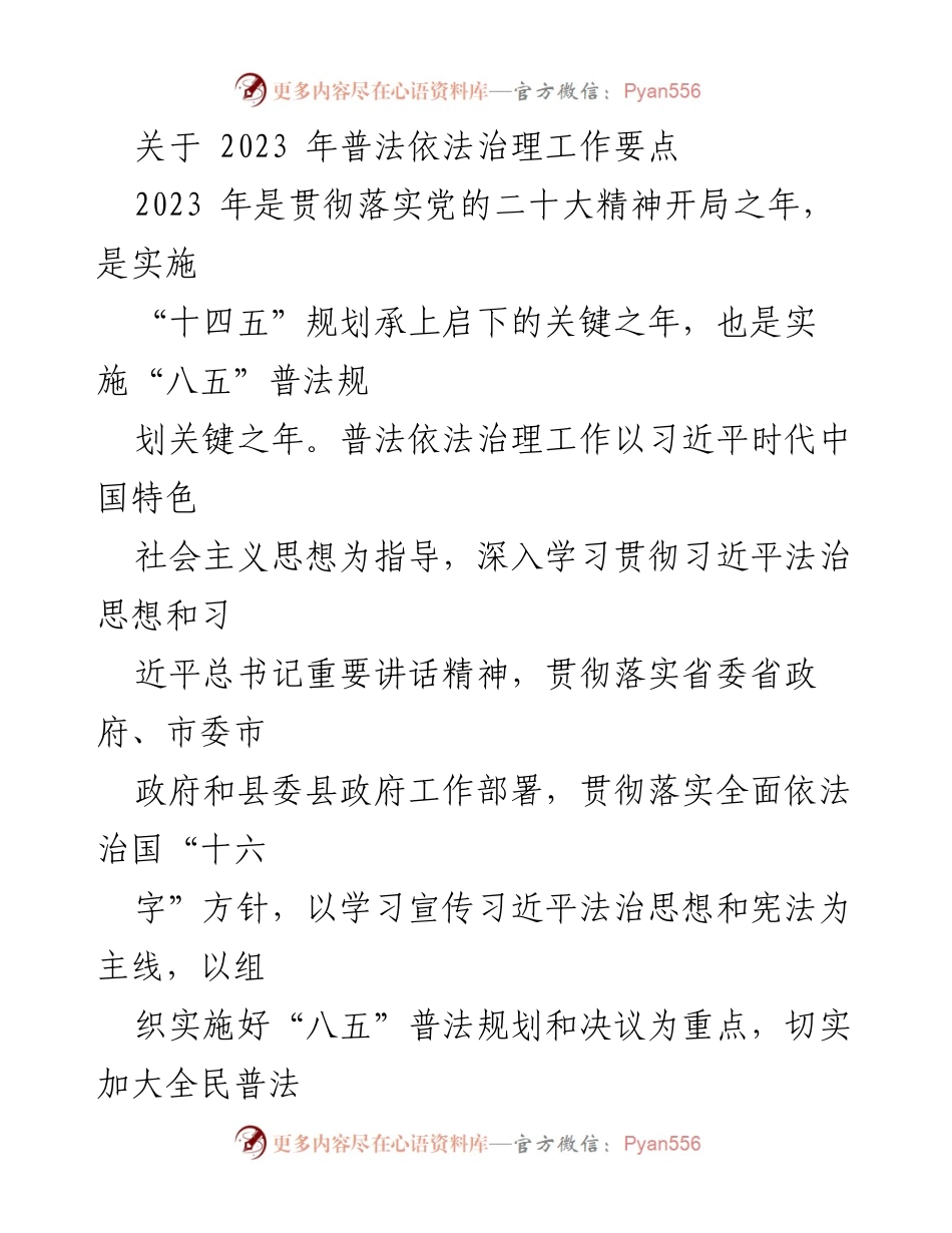 [工作总结] 2023年普法依法治理工作 - 2023年普法依法治理工作要点及实施策略.docx_第1页