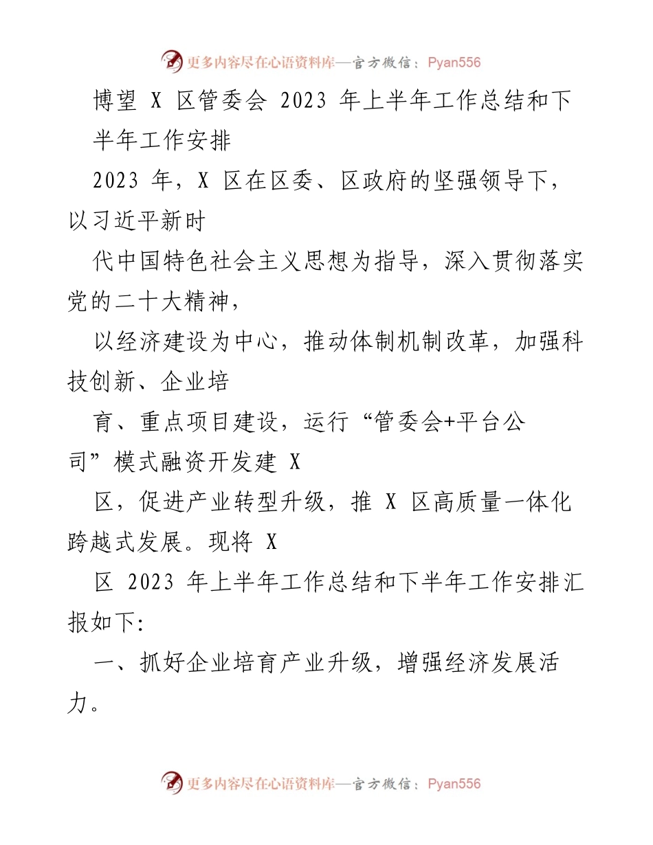 [工作总结] X 区管委会 - 2023 年上半年工作总结与下半年工作安排.docx_第1页