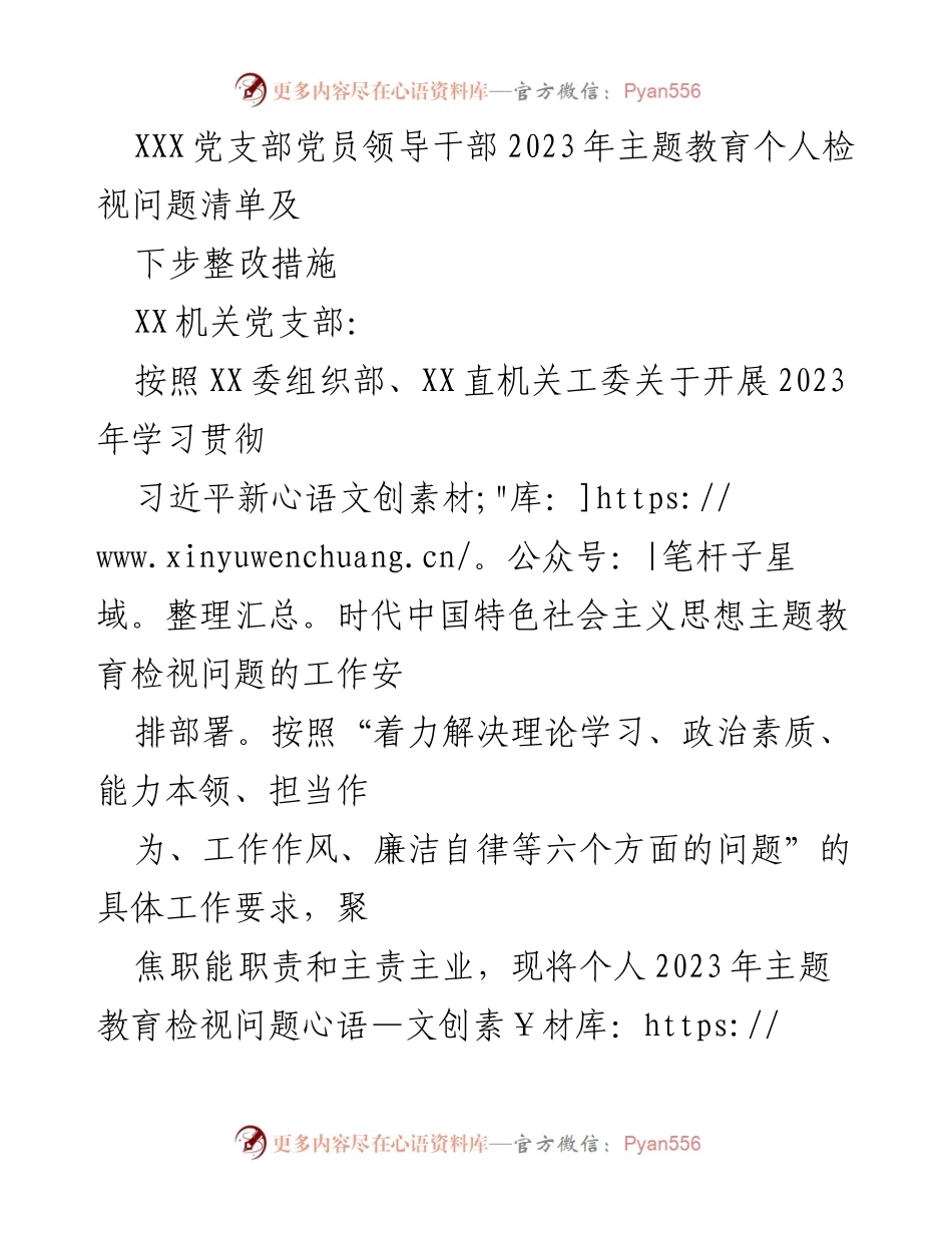 [工作总结] 主题教育 - 2023年党员领导干部个人检视问题及整改措施分析.docx_第1页