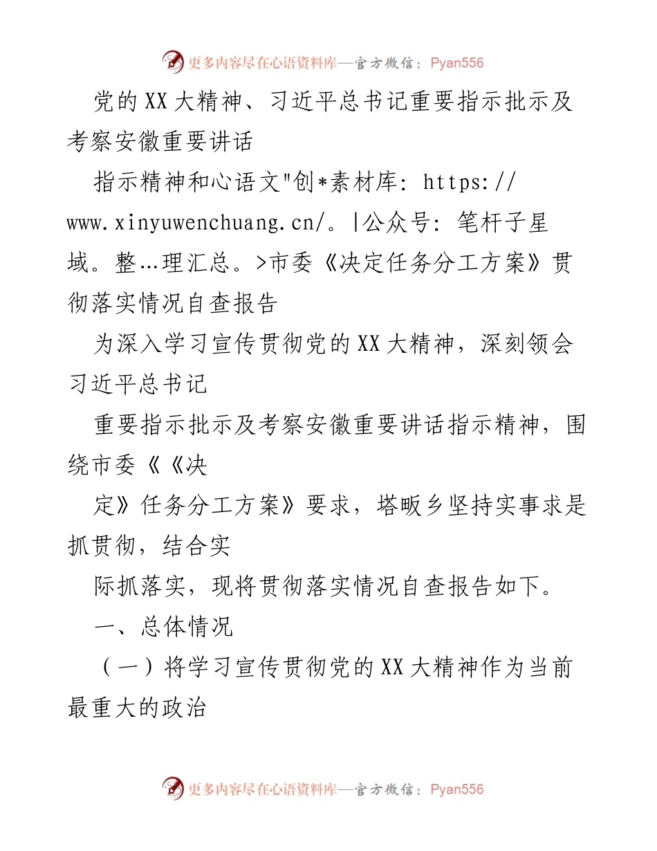 [工作总结] 乡镇党建 - 贯彻落实党的XX大精神自查报告.docx_第1页