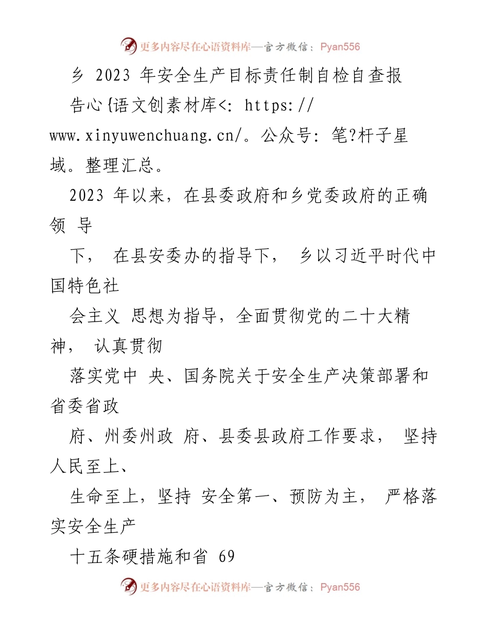 [工作总结] 乡镇安全生产 - 2023年乡镇安全生产目标责任制自检自查报告.docx_第1页