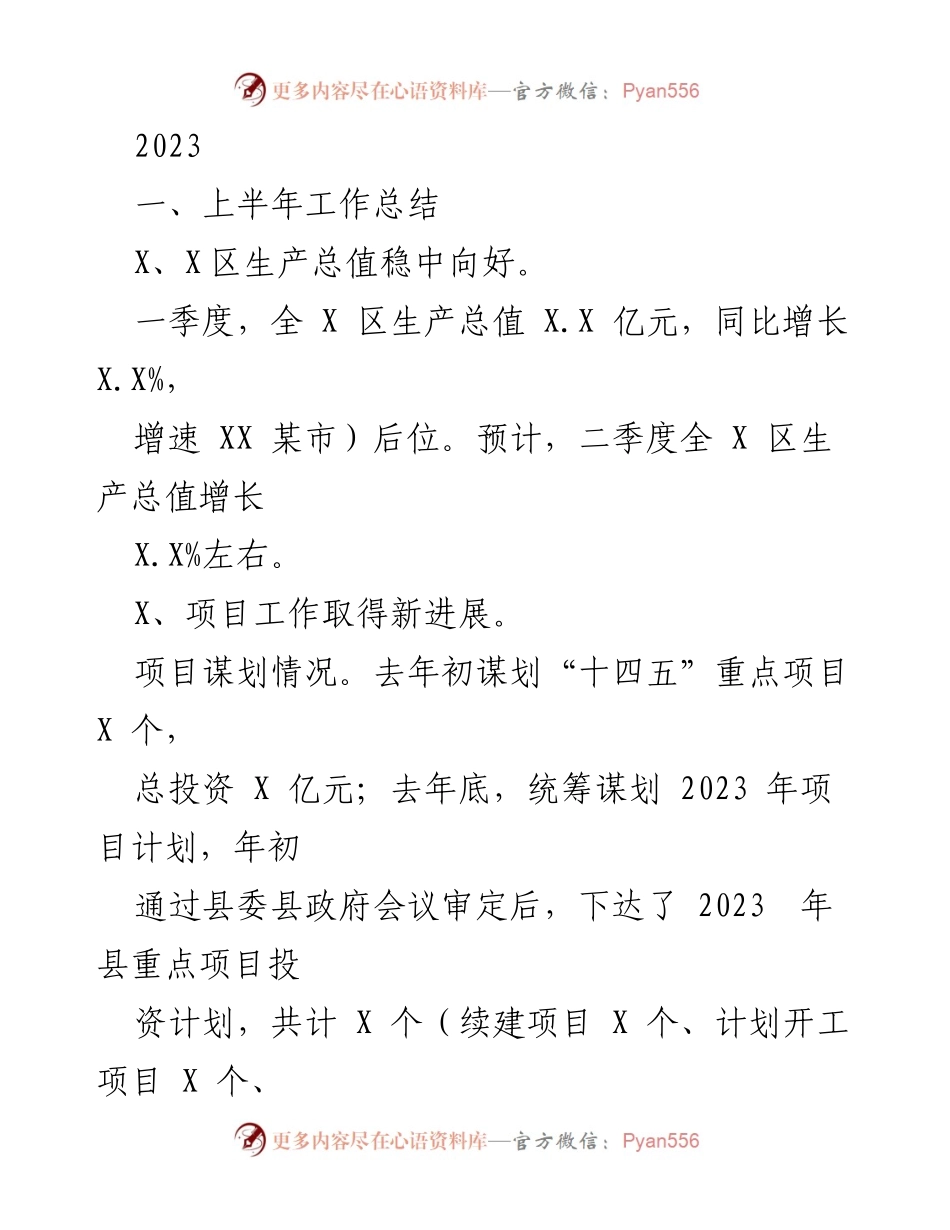 [工作总结] 上半年工作总结 - 2023年X区经济与项目工作进展总结.docx_第1页