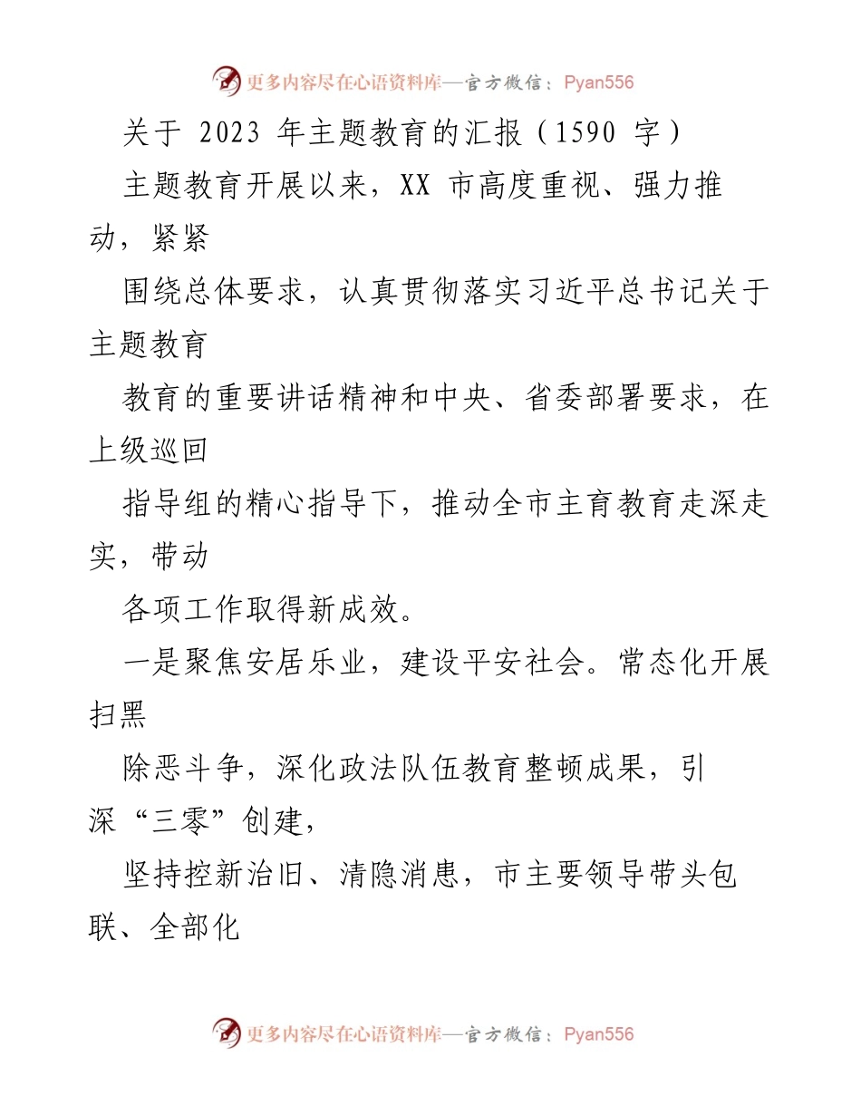 [工作总结] 主题教育汇报 - 2023年XX市主题教育工作总结与成效分析.docx_第1页