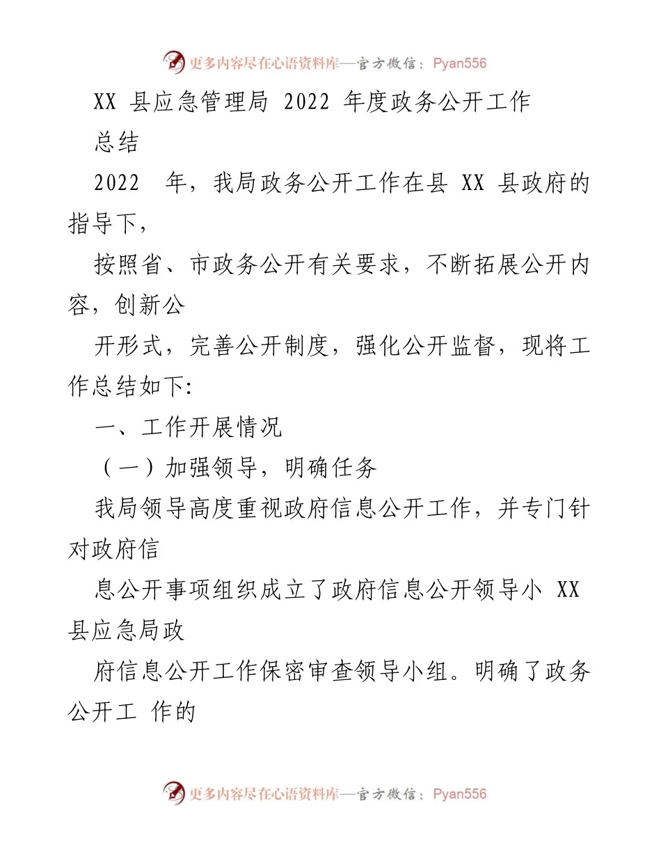 [工作总结] XX 县应急管理局 - 2022年度政务公开工作总结.docx_第1页