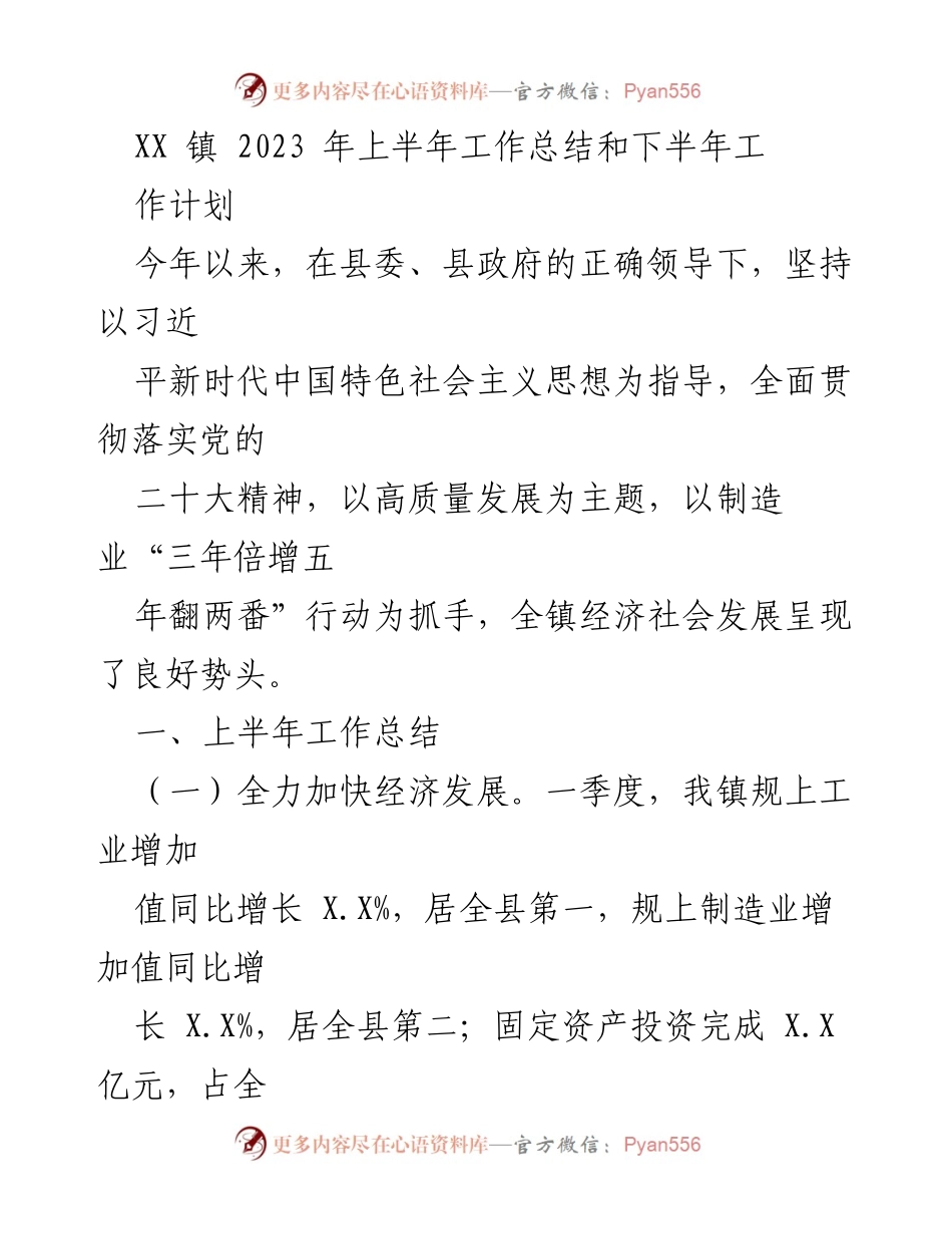 [工作总结] XX 镇 2023 年上半年 - XX 镇 2023 年上半年工作总结与下半年工作计划.docx_第1页