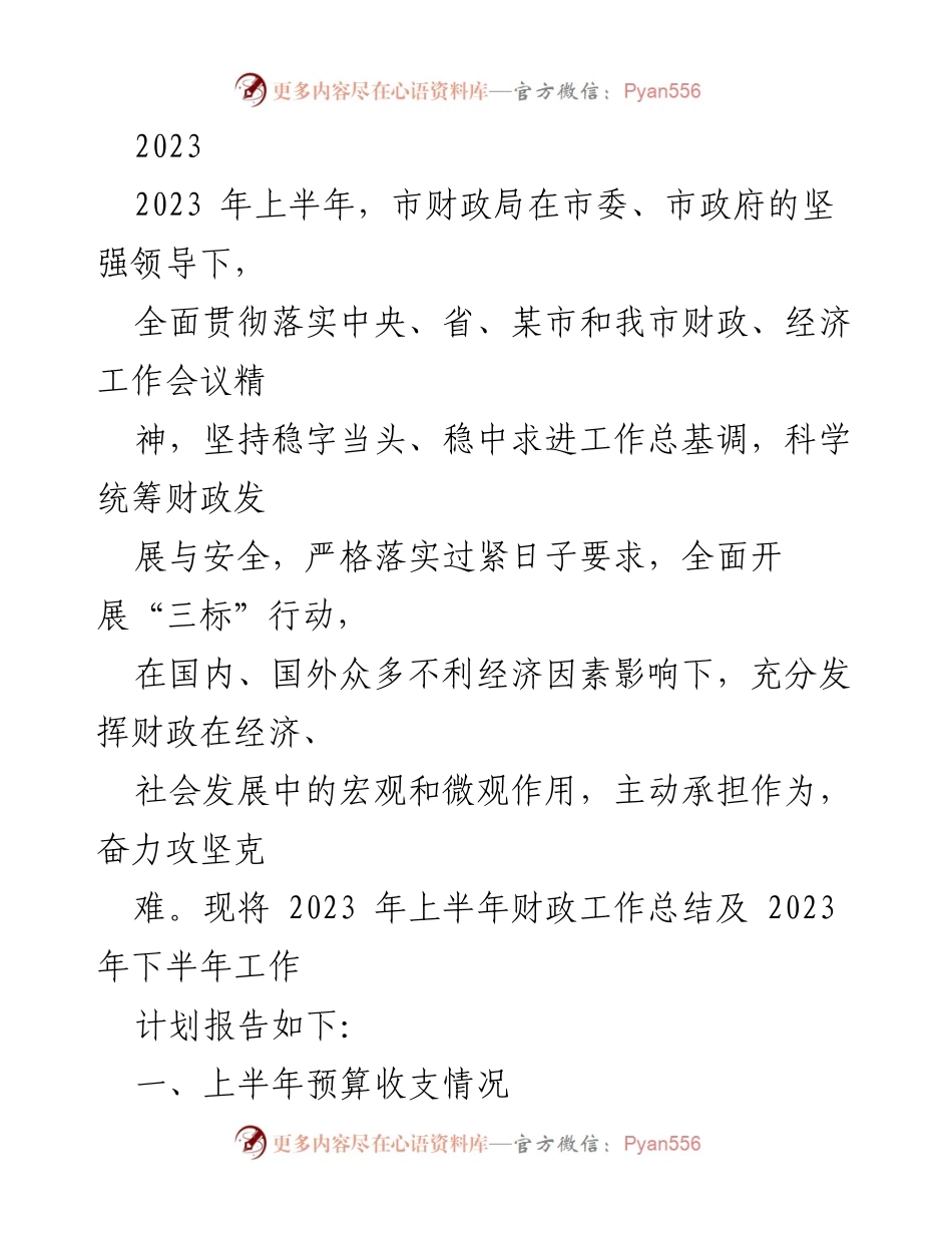 [工作总结] 上半年财政工作 - 2023年上半年市财政局工作总结及下半年计划报告.docx_第1页