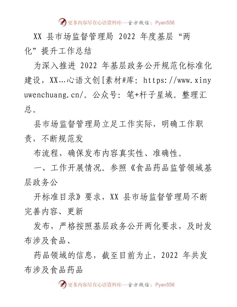 [工作总结] XX县市场监督管理局 - 2022年度基层政务公开两化提升工作总结.docx_第1页