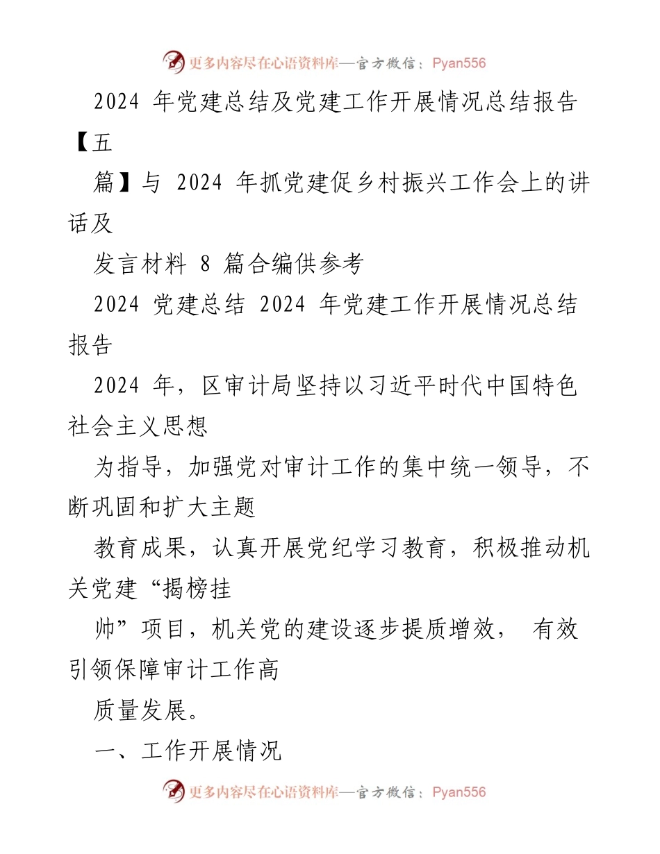 [工作总结] 2024年抓党建促乡村振兴工作会 - 2024年区审计局党建工作总结与开展情况报告.docx_第1页