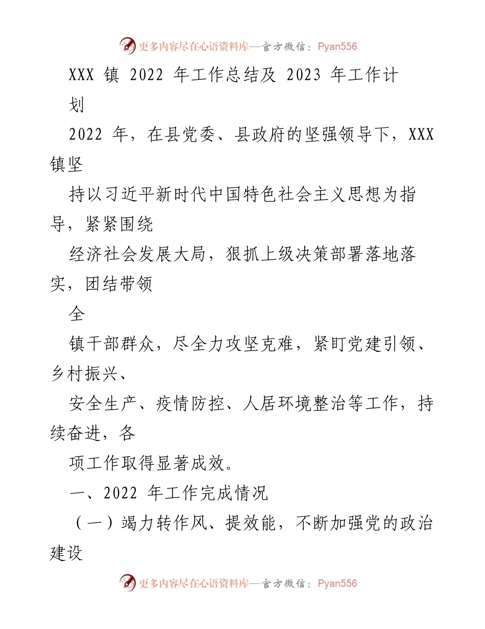 [工作总结] XXX 镇 - 2022 年工作总结及 2023 年工作计划.docx_第1页