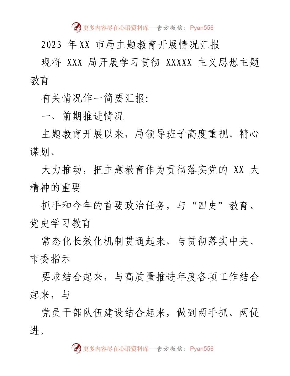 [工作总结] 主题教育 - 2023年XX市局主题教育开展情况汇报.docx_第1页
