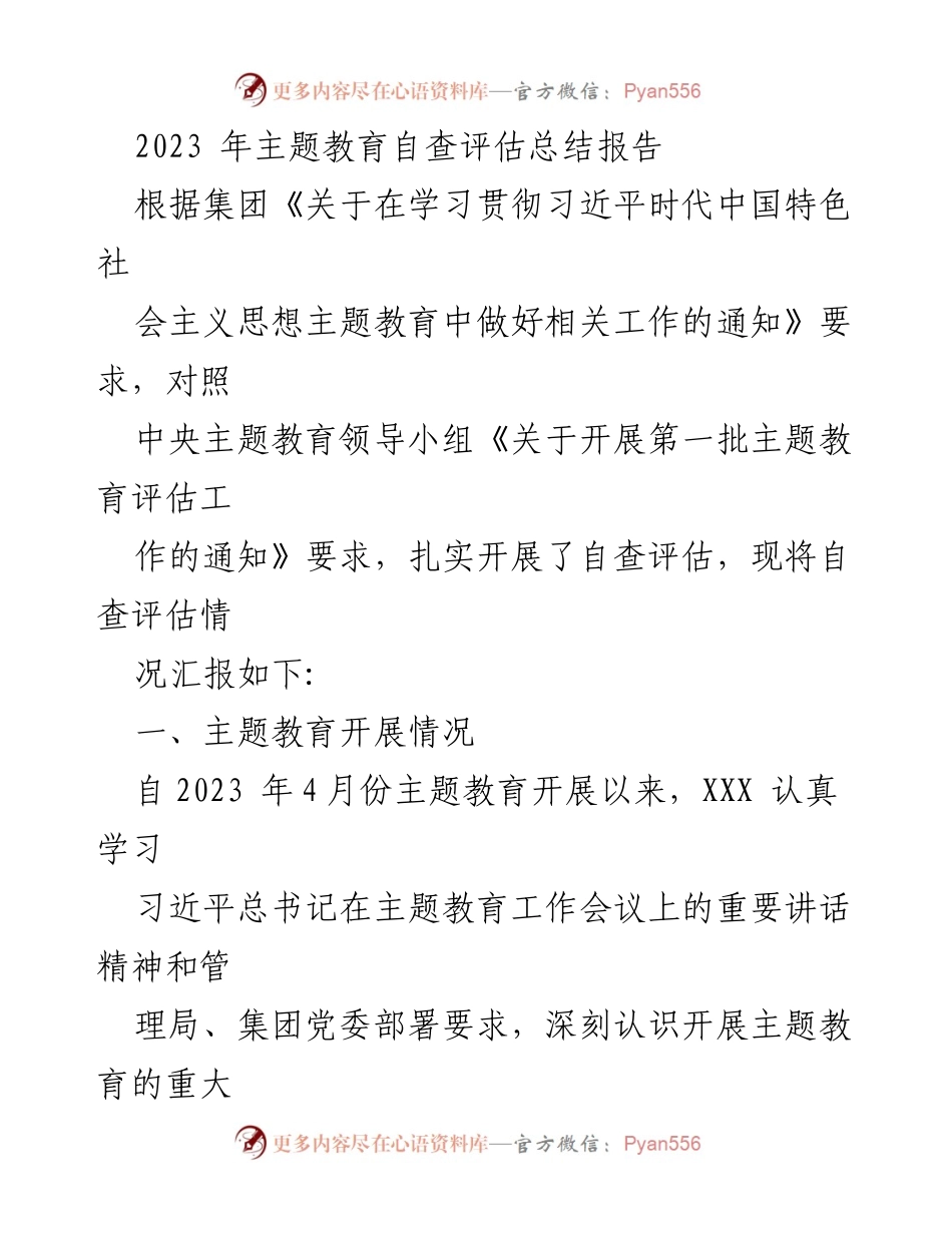 [工作总结] 主题教育 - 2023年主题教育自查评估总结报告.docx_第1页