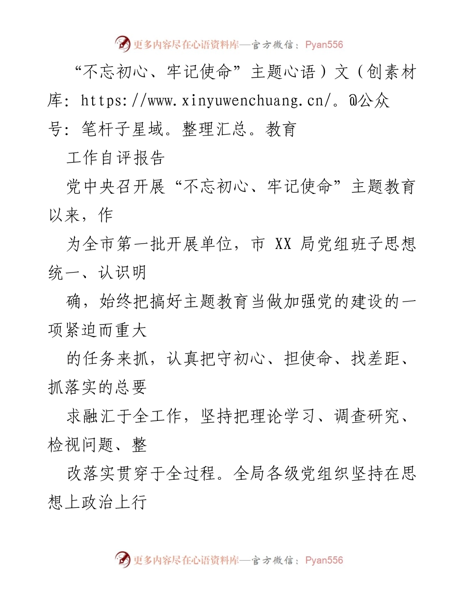 [工作总结] 主题教育 - “不忘初心、牢记使命”主题教育工作自评报告.docx_第1页