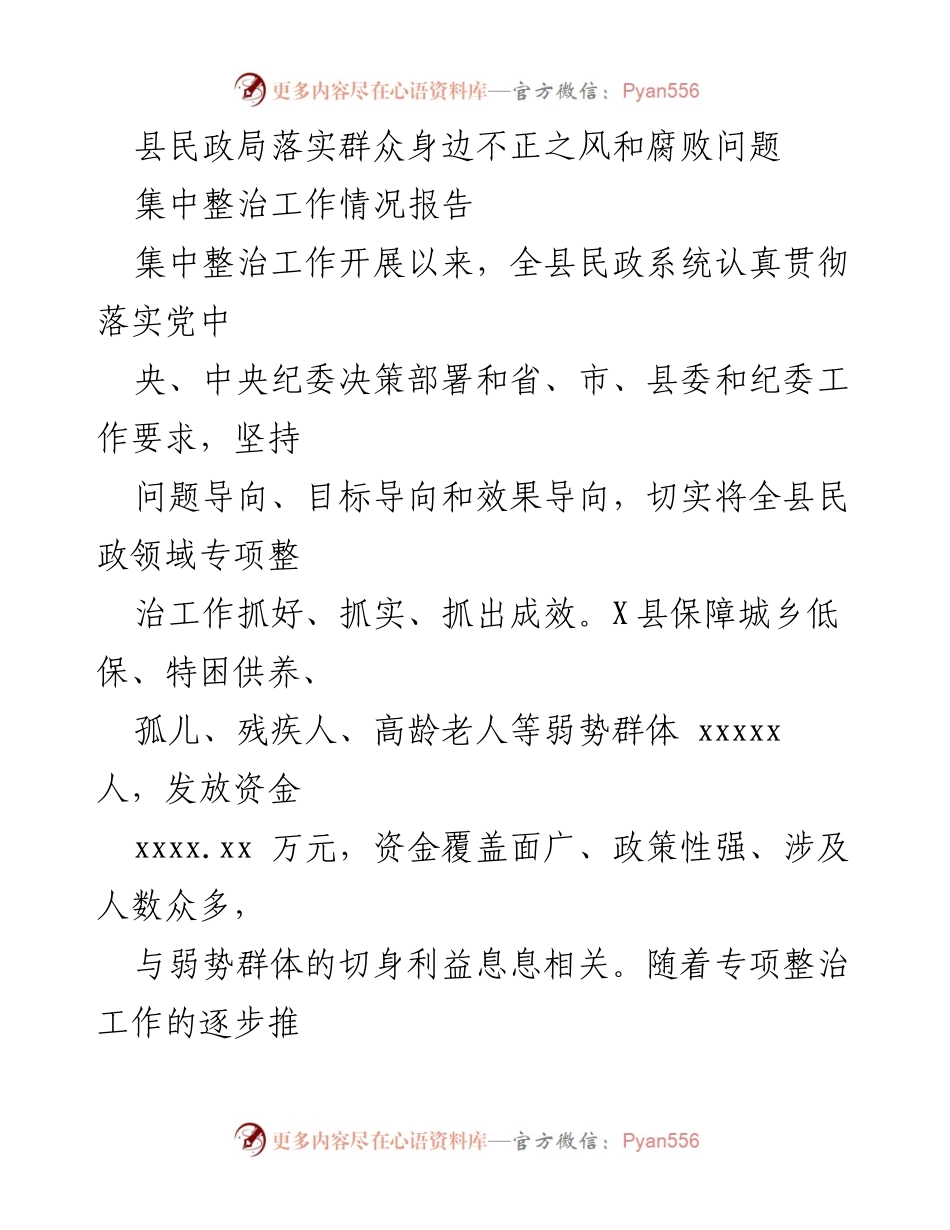 [工作总结] 专项整治工作 - 县民政局专项整治工作情况报告.docx_第1页