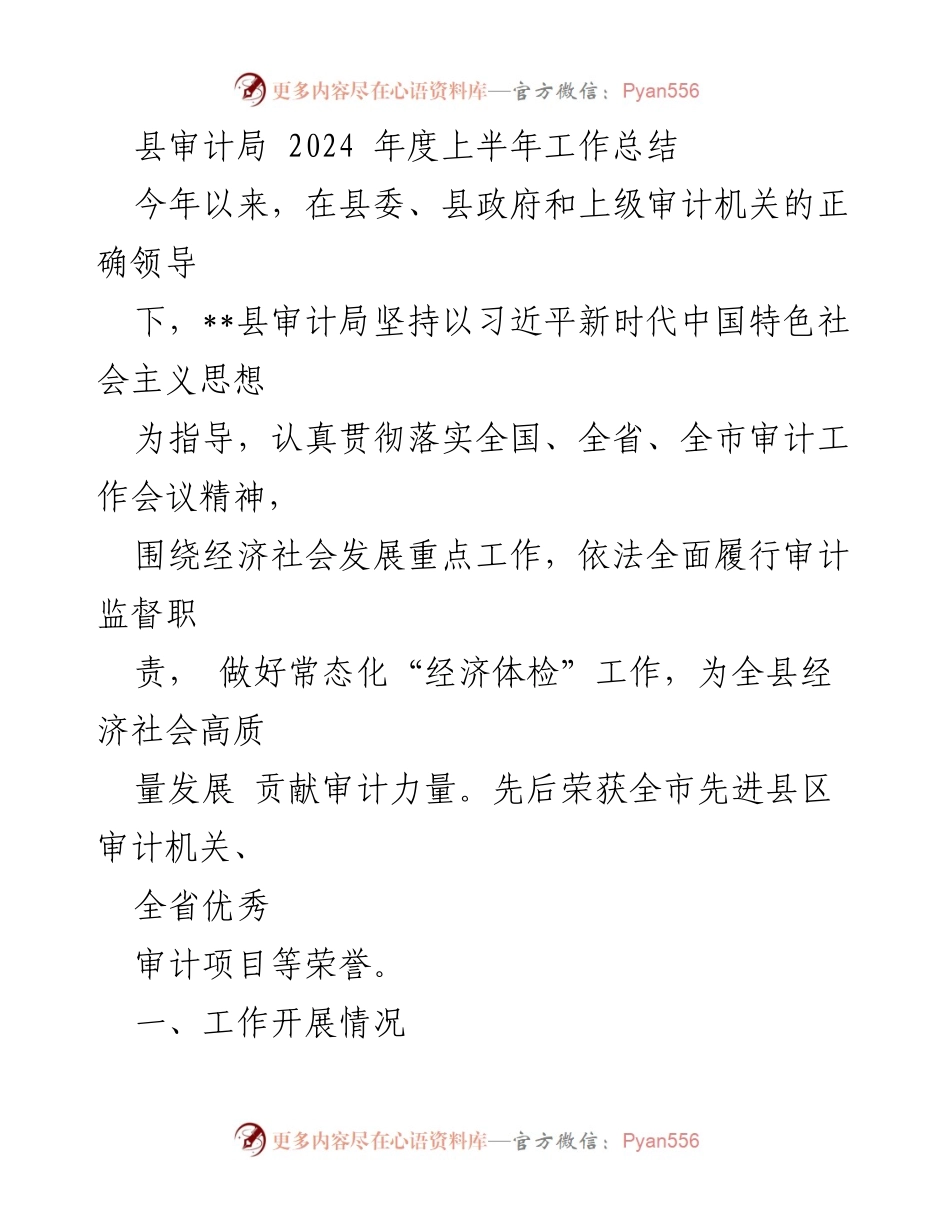 [工作总结] 上半年 - 县审计局2024年度上半年工作总结与成效分析.docx_第1页