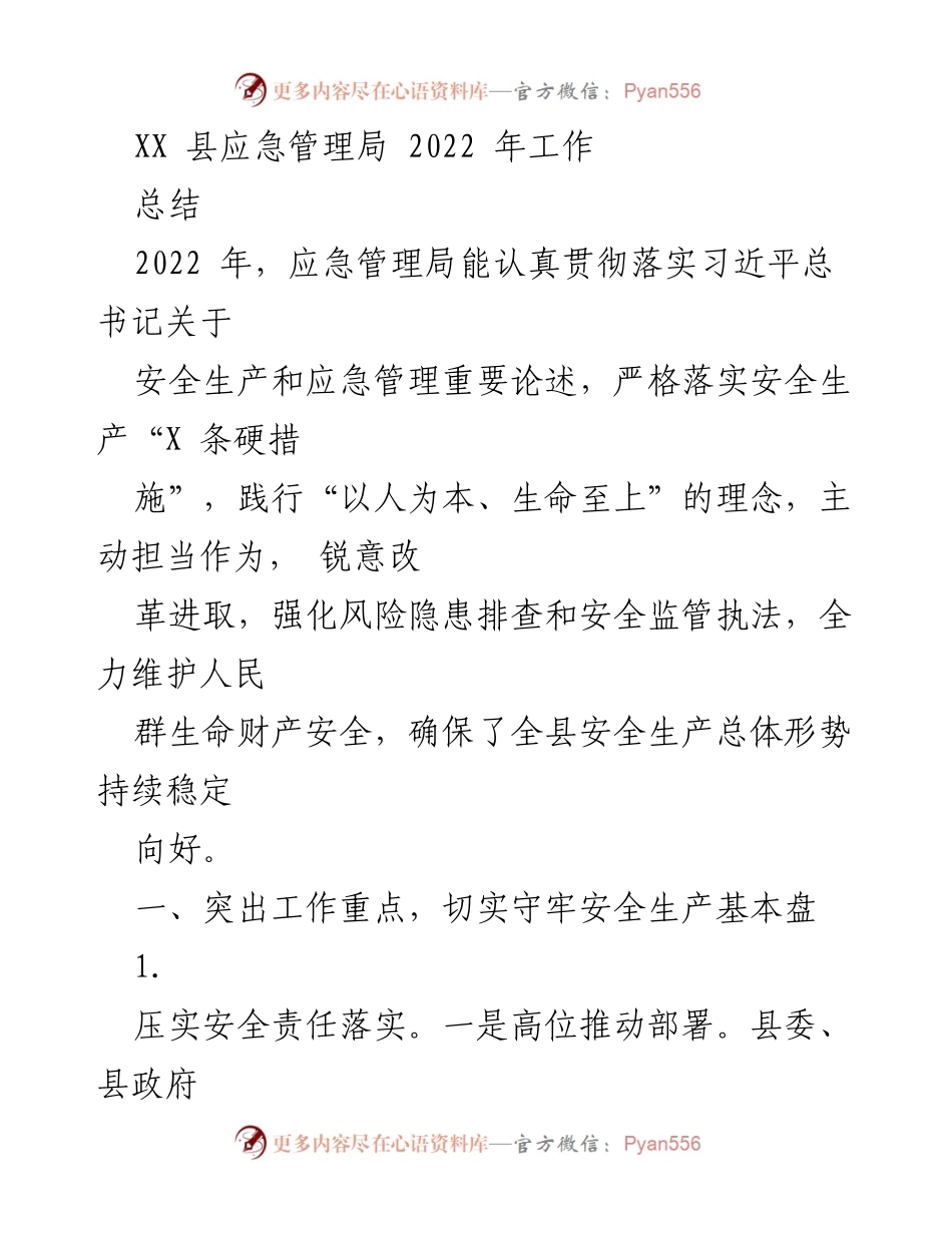 [工作总结] XX县应急管理局 - 2022年安全生产工作总结与成效.docx_第1页