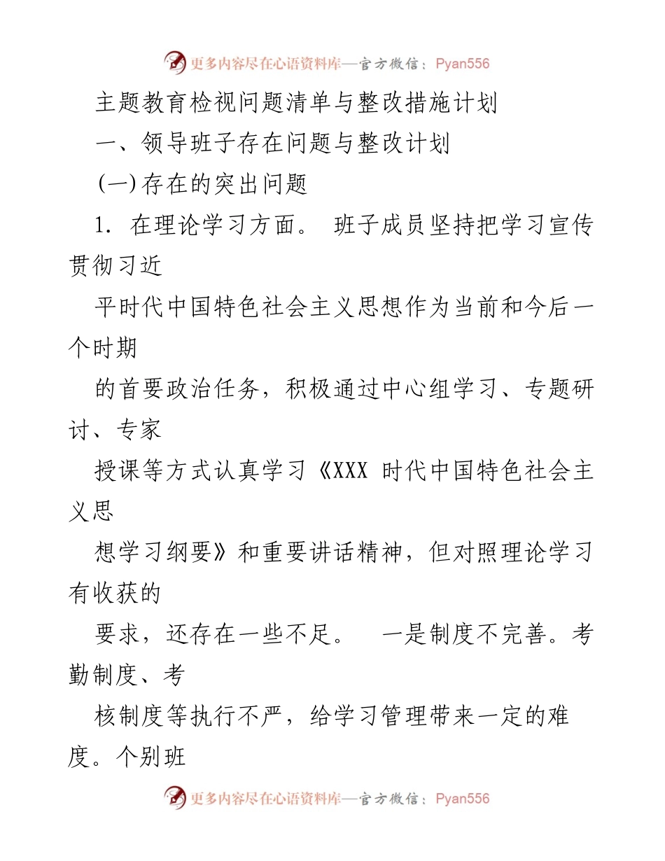 [工作总结] 主题教育 - 领导班子问题检视与整改措施计划.docx_第1页
