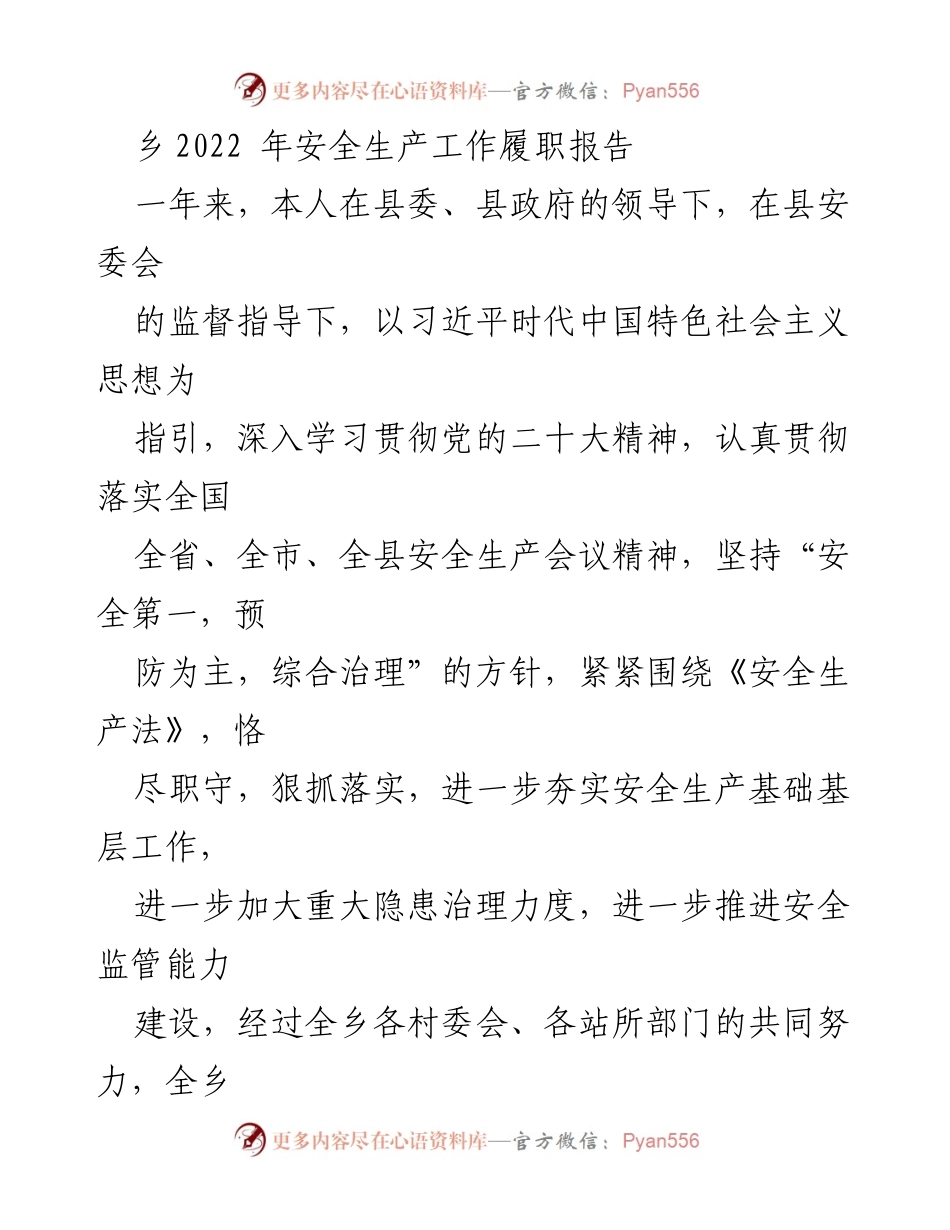 [工作总结] 乡镇安全生产 - 2022年乡镇安全生产工作履职报告.docx_第1页