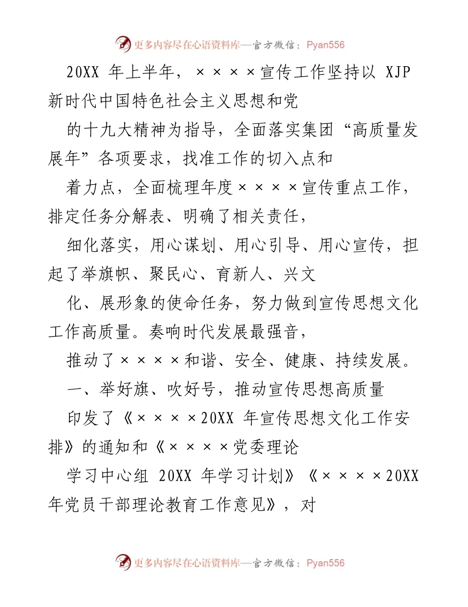[工作总结] 上半年宣传工作 - 20XX年上半年××××宣传工作总结与执行力提升报告.docx_第1页