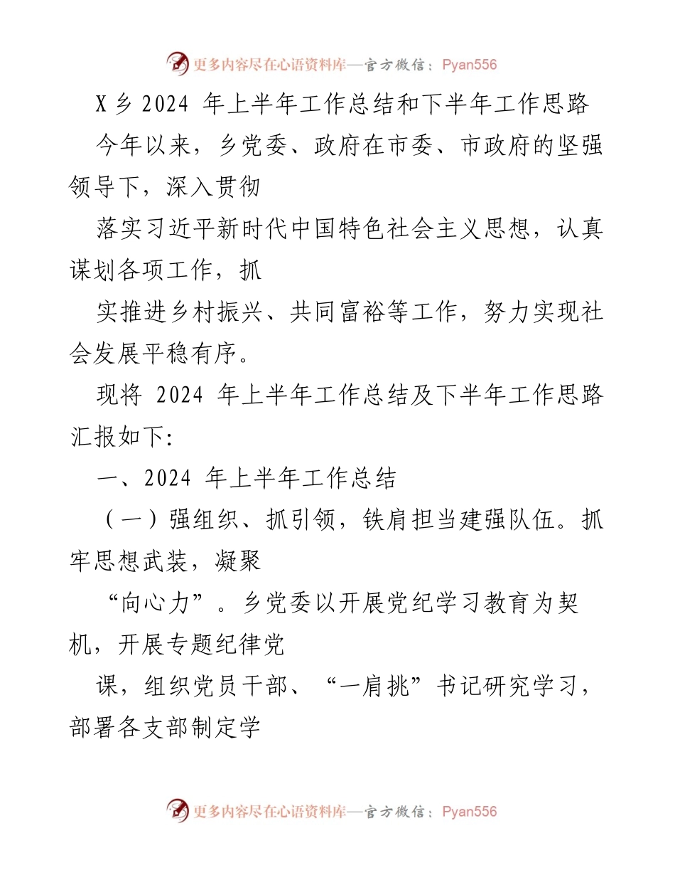 [工作总结] 乡镇工作 - X乡2024年上半年工作总结及下半年工作思路.docx_第1页